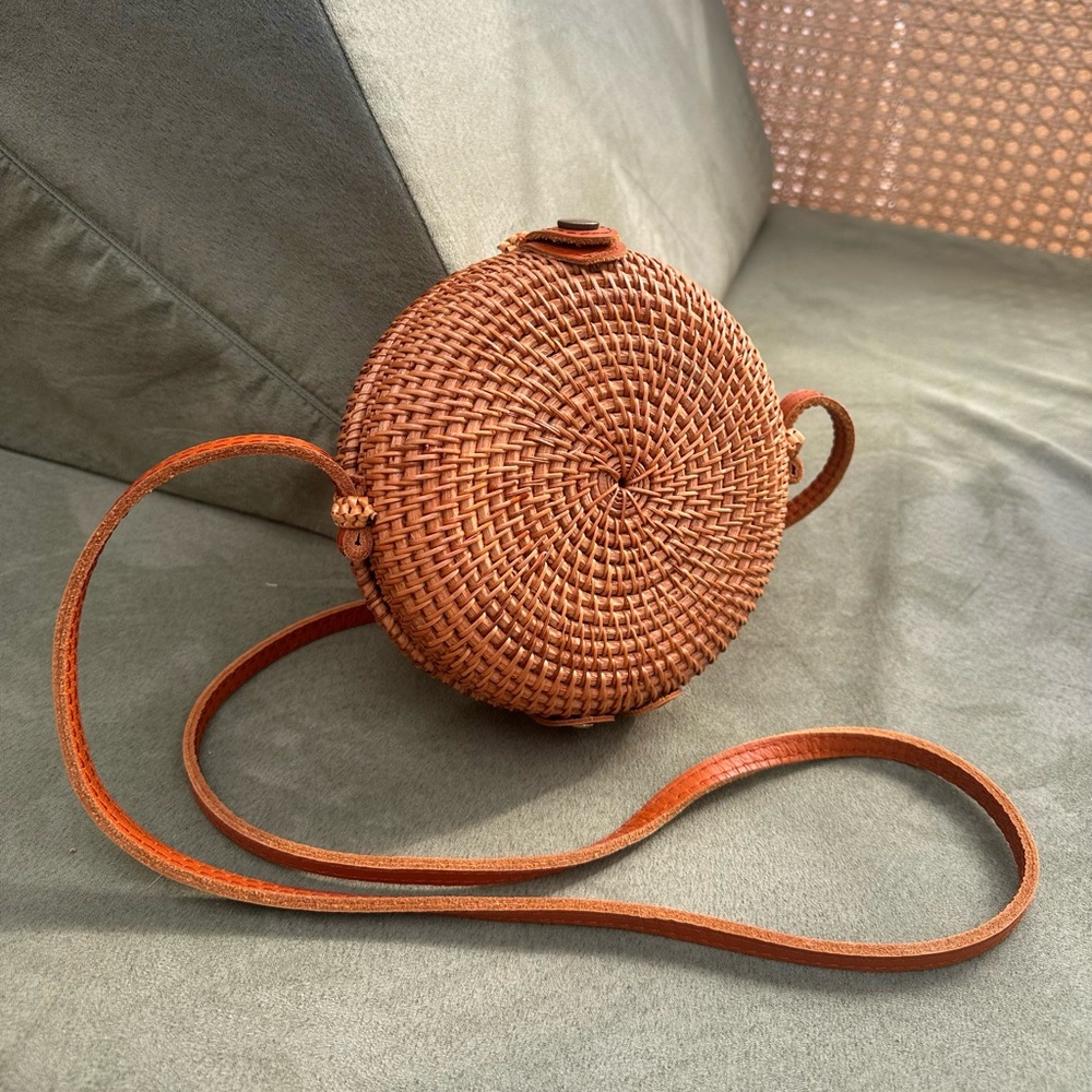 Rattan Purse with Leather Strap and Snap Closure